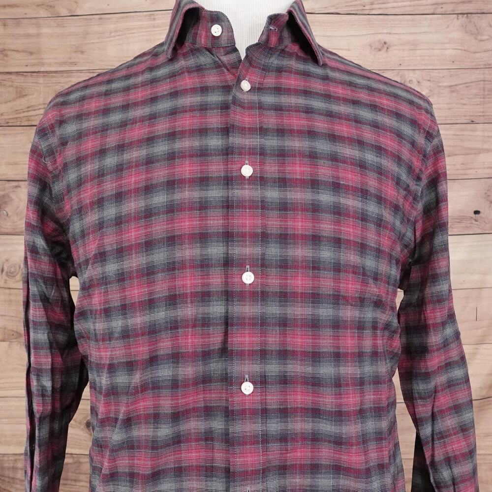 Thomas Dean Shirt Mens Large Red‎ Gray Plaid Button Up Stretch Cotton Casual